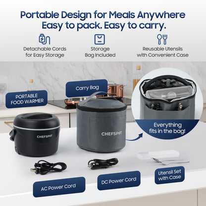 CHEFSPOT 37oz Portable Food Warmer for Car, Office & Travel, Leak-Proof Heated Container with Dual Power Cords, Stainless Steel Interior, Utensils & Bag Included