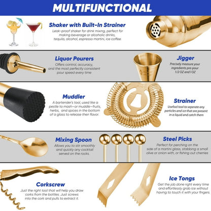 Touch of Mixology 14 Piece Stainless Steel Bartender Kit Includes Cocktail Shaker (Gold)