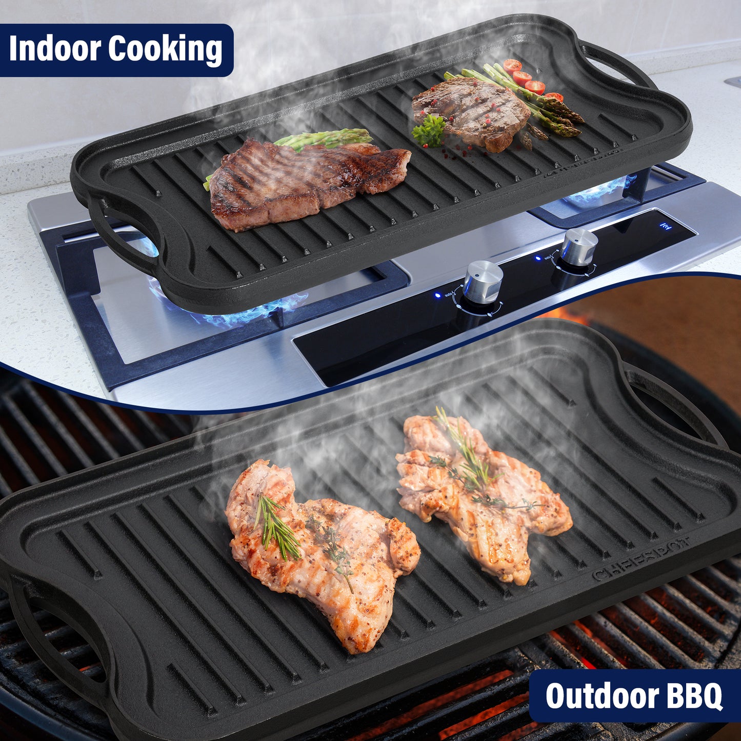CHEFSPOT  Preseasoned Cast Iron Reversible Griddle Plate Pan - Even Heat Distribution - Works on Oven, Stove, Grill, and Fire