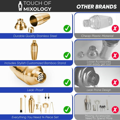 Touch of Mixology 14 Piece Stainless Steel Bartender Kit Includes Cocktail Shaker (Gold)