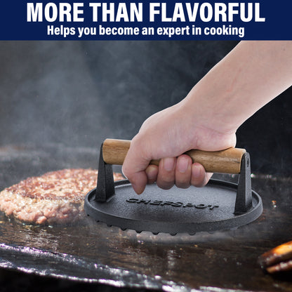 CHEFSPOT Preseasoned Cast Iron Round Burger Press - Rigged Surface - Great for Smash Burgers, Bacon, Steaks and Grill Marks