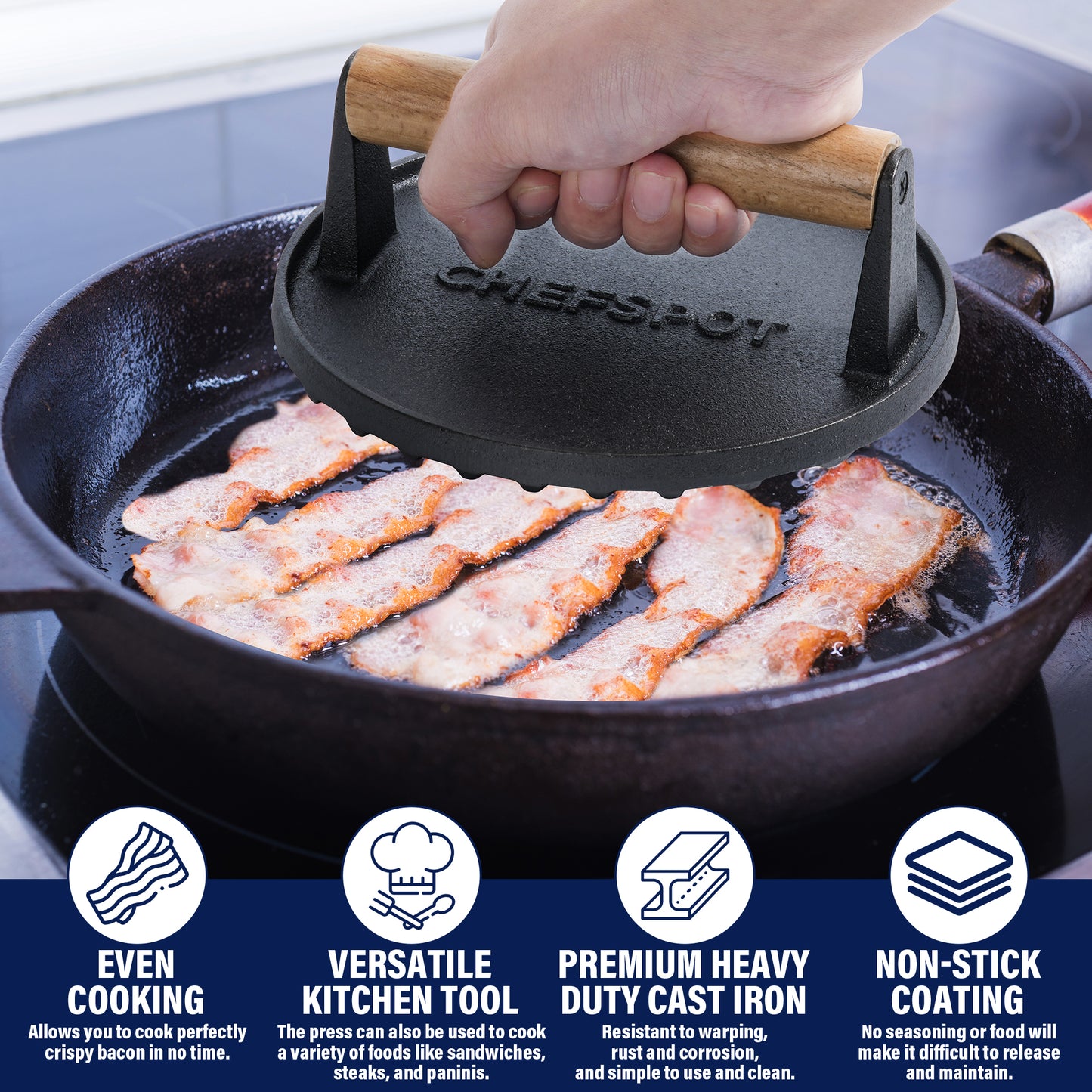 CHEFSPOT Preseasoned Cast Iron Round Burger Press - Rigged Surface - Great for Smash Burgers, Bacon, Steaks and Grill Marks