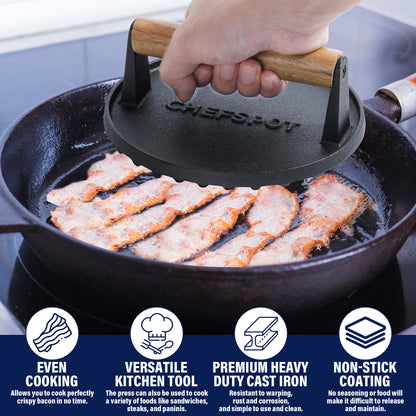 CHEFSPOT Preseasoned Cast Iron Round Burger Press - Rigged Surface - Great for Smash Burgers, Bacon, Steaks and Grill Marks