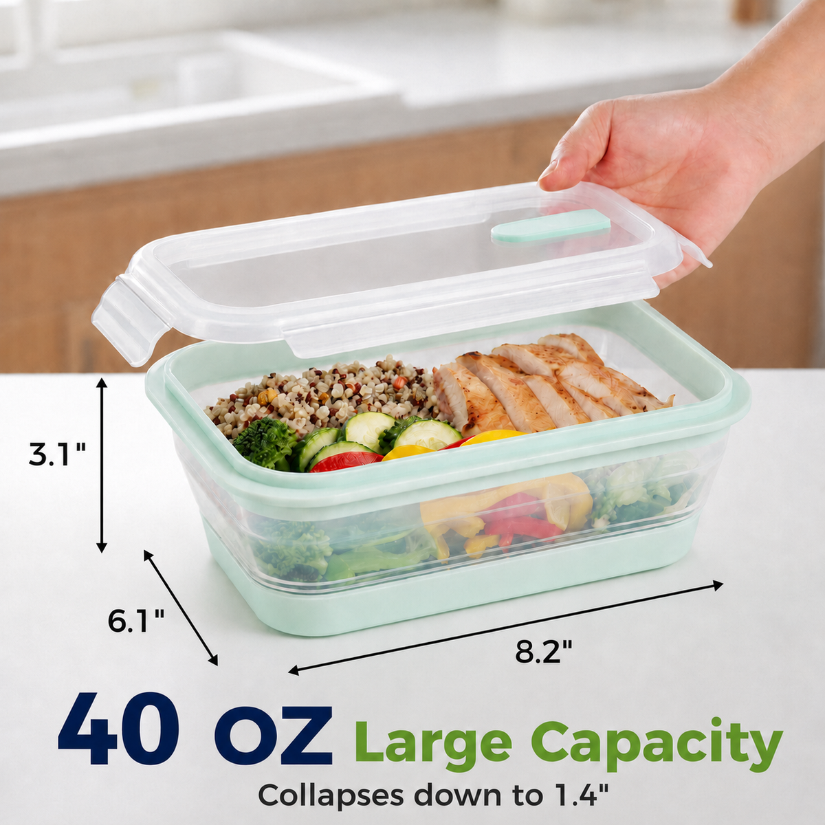 CHEFSPOT Collapsible Food Storage Containers 2-Pack, Rectangle 40.6 oz Silicone Meal Prep Set, Leak-Proof