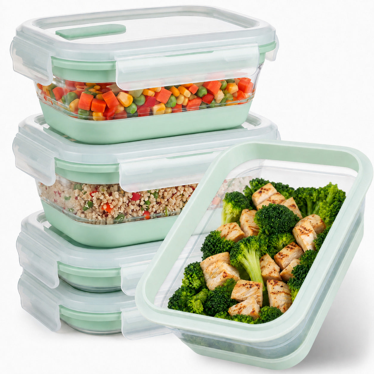 CHEFSPOT Collapsible Food Storage Containers 5-Pack, Rectangle 27 oz Stackable Silicone Meal Prep Set, Leak-Proof