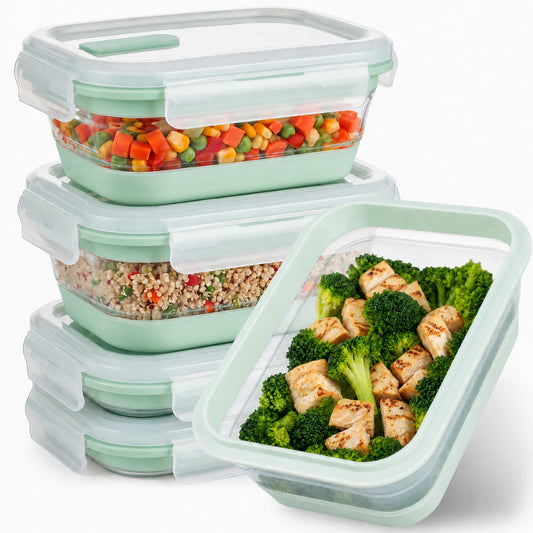 CHEFSPOT Collapsible Food Storage Containers 5-Pack, Rectangle 27 oz Stackable Silicone Meal Prep Set, Leak-Proof