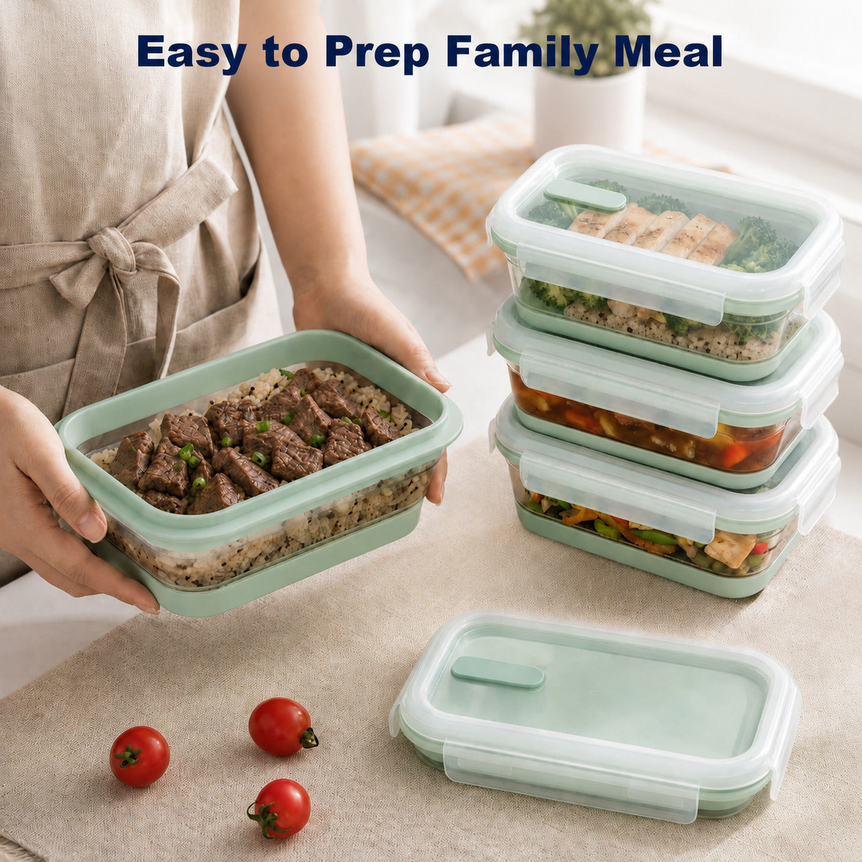 CHEFSPOT Collapsible Food Storage Containers 5-Pack, Rectangle 27 oz Stackable Silicone Meal Prep Set, Leak-Proof