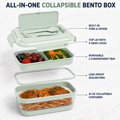Collapsible Bento Lunch Box 41 oz with Utensils, Silicone, Leak-Proof