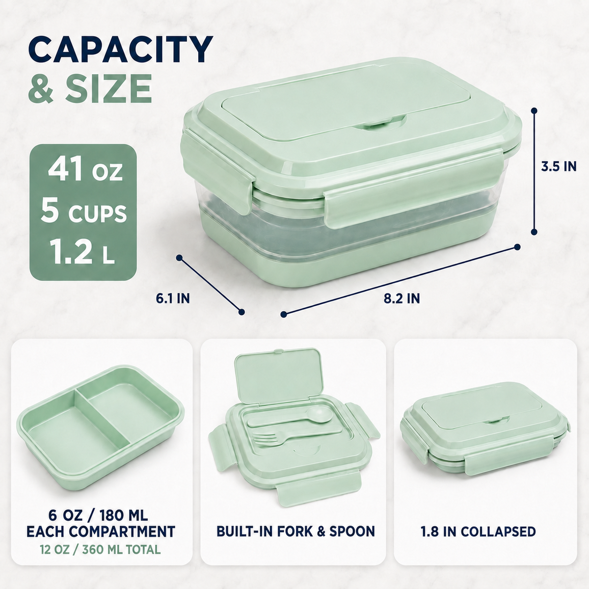 Collapsible Bento Lunch Box 41 oz with Utensils, Silicone, Leak-Proof