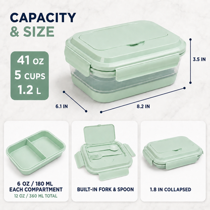 Collapsible Bento Lunch Box 41 oz with Utensils, Silicone, Leak-Proof