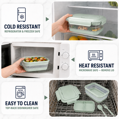 Collapsible Bento Lunch Box 41 oz with Utensils, Silicone, Leak-Proof