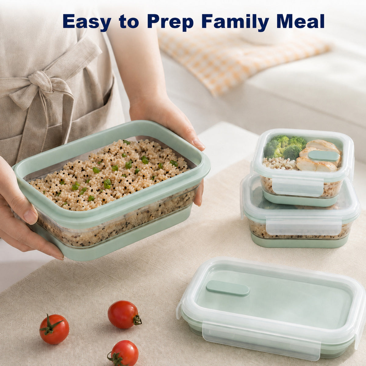 CHEFSPOT Collapsible Food Storage Containers 4-Pack, Square & Rectangle 16.9-40.6 oz Silicone Meal Prep Set, Leak-Proof