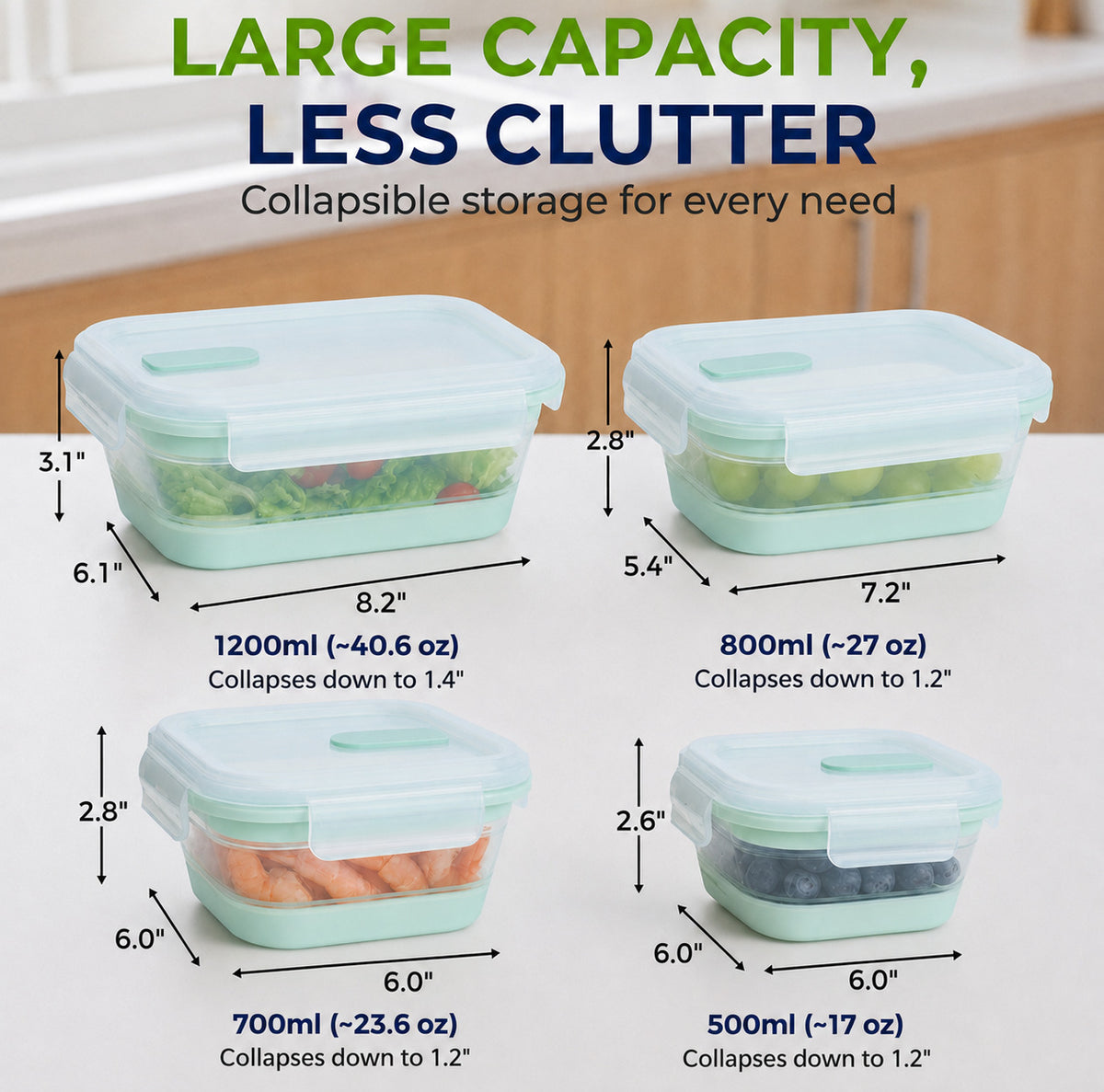 CHEFSPOT Collapsible Food Storage Containers 4-Pack, Square & Rectangle 16.9-40.6 oz Silicone Meal Prep Set, Leak-Proof