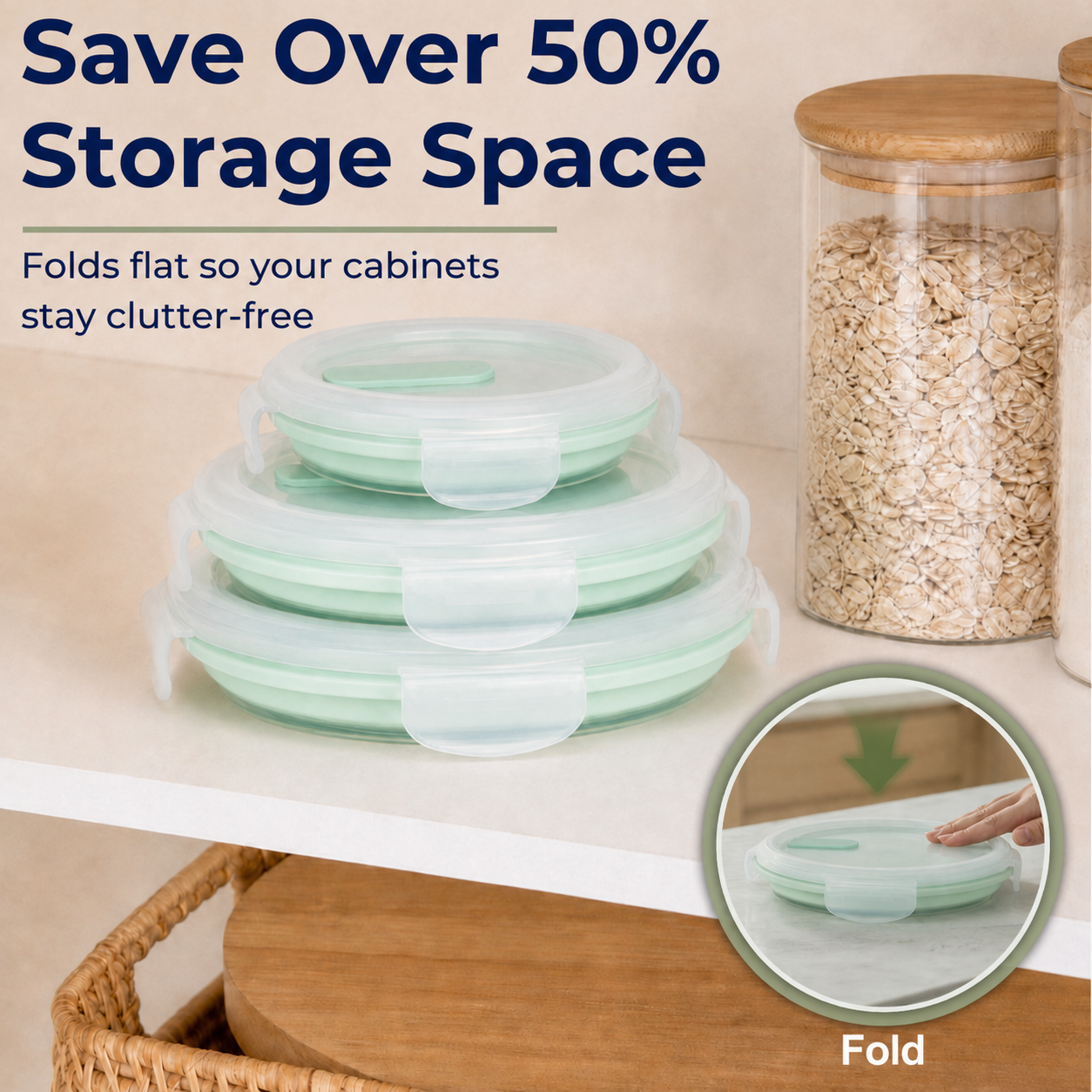 CHEFSPOT Collapsible Food Storage Containers 3-Pack, Round 13.5/27/33.8 oz Silicone Bowl Set, Leak-Proof