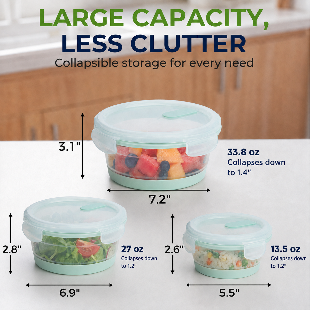 CHEFSPOT Collapsible Food Storage Containers 3-Pack, Round 13.5/27/33.8 oz Silicone Bowl Set, Leak-Proof