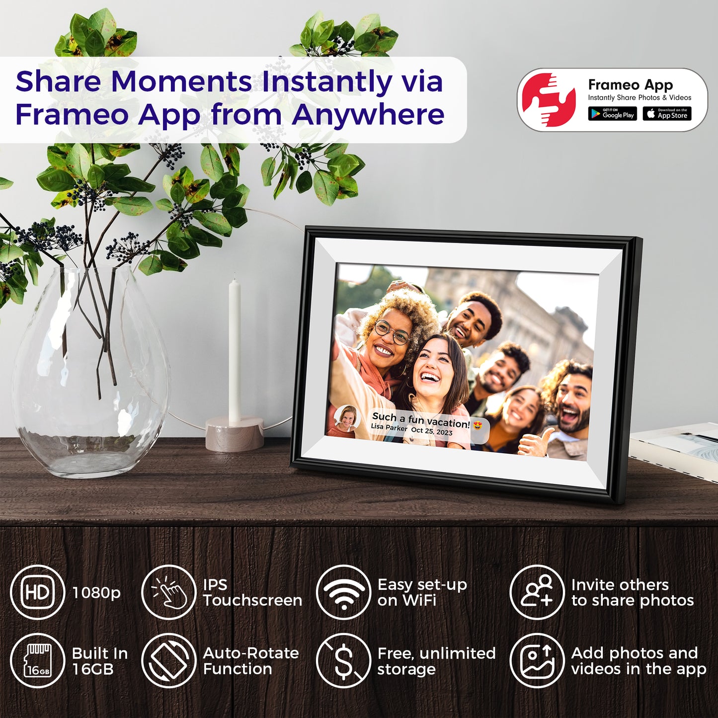 ELIME 10.1 inch WiFi Frameo Digital Picture Frame - 16GB Storage, 1280x800 IPS Touch Screen, MicroSD Expandable (Midnight Black)
