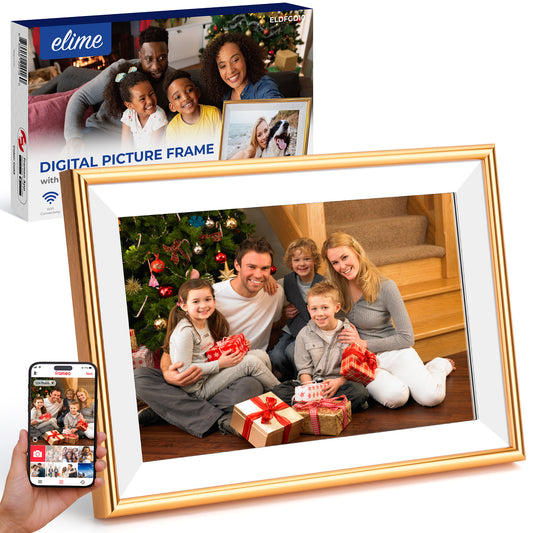 ELIME 10.1 inch WiFi Frameo Digital Picture Frame - 16GB Storage, 1280x800 IPS Touch Screen, MicroSD Expandable (Champagne Gold)