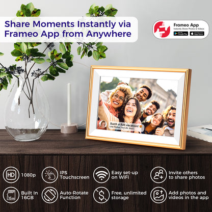 ELIME 10.1 inch WiFi Frameo Digital Picture Frame - 16GB Storage, 1280x800 IPS Touch Screen, MicroSD Expandable (Champagne Gold)