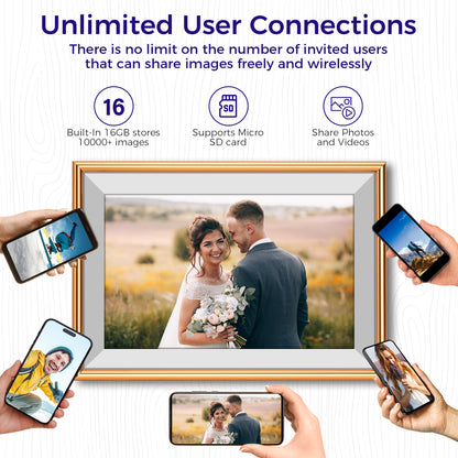 ELIME 10.1 inch WiFi Frameo Digital Picture Frame - 16GB Storage, 1280x800 IPS Touch Screen, MicroSD Expandable (Champagne Gold)