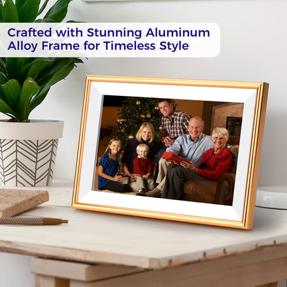 ELIME 10.1 inch WiFi Frameo Digital Picture Frame - 16GB Storage, 1280x800 IPS Touch Screen, MicroSD Expandable (Champagne Gold)