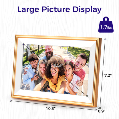 ELIME 10.1 inch WiFi Frameo Digital Picture Frame - 16GB Storage, 1280x800 IPS Touch Screen, MicroSD Expandable (Champagne Gold)