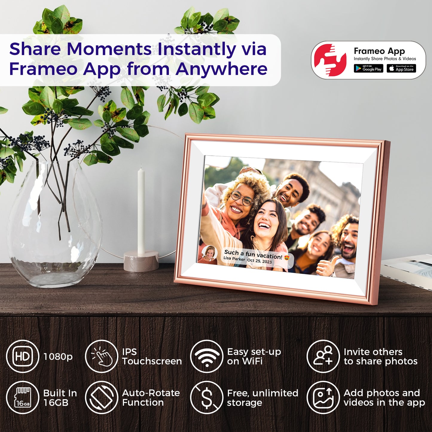 ELIME 10.1 inch WiFi Frameo Digital Picture Frame - 16GB Storage, 1280x800 IPS Touch Screen, MicroSD Expandable (Blush Rose Gold)