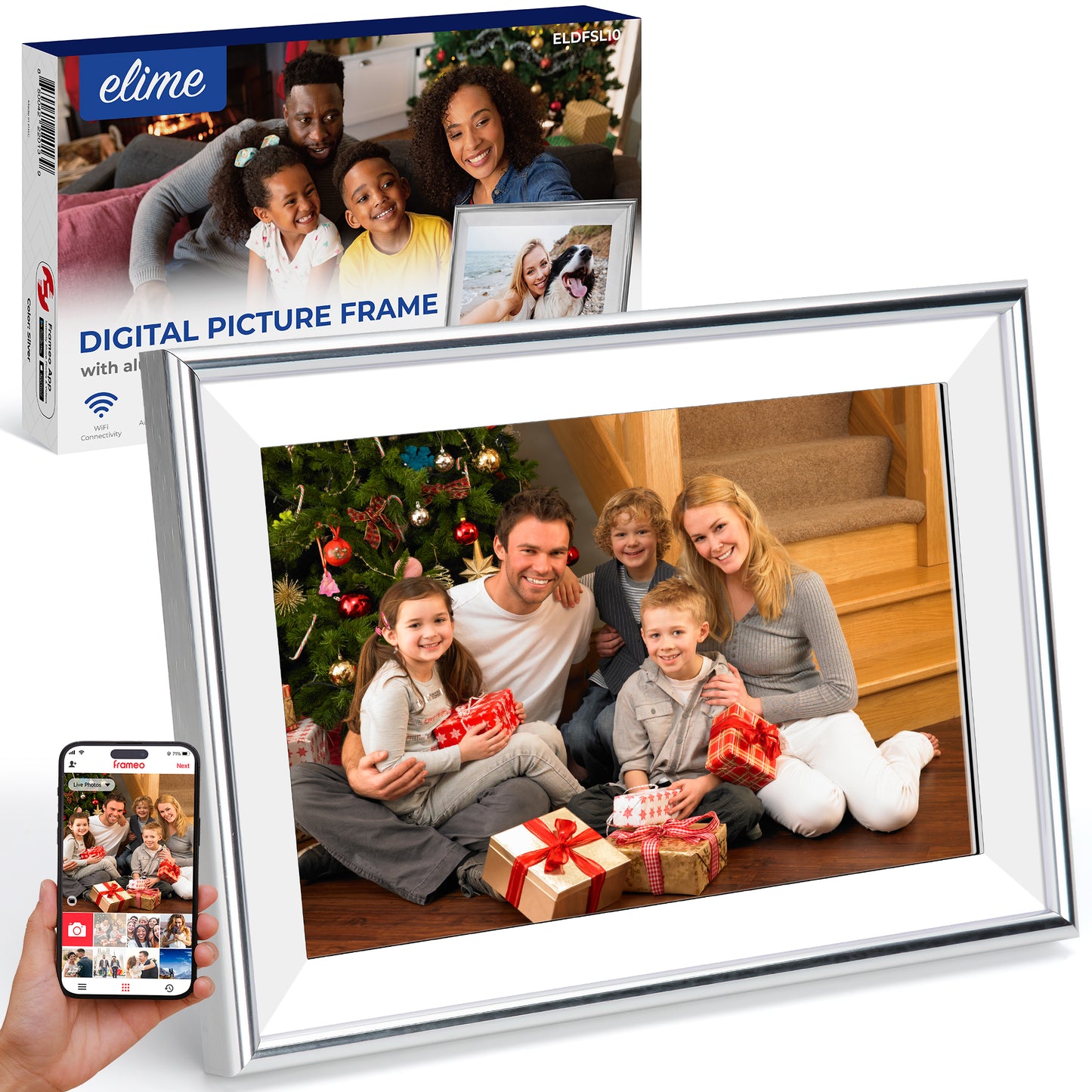 ELIME 10.1 inch WiFi Frameo Digital Picture Frame - 16GB Storage, 1280x800 IPS Touch Screen, MicroSD Expandable (Platinum Silver)
