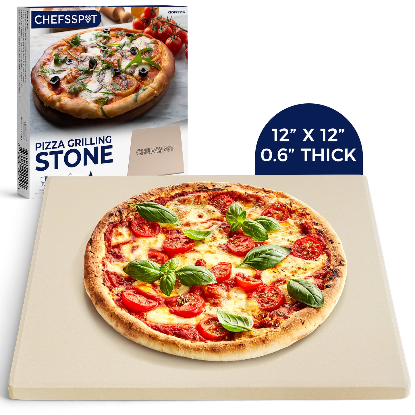 CHEFSPOT Cordierite Pizza Stone for Grill and Oven - 12 in. x 12 in. - 0.5 in. Thick