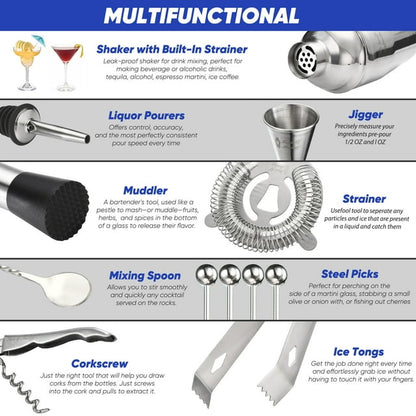 Touch of Mixology 14 Piece Stainless Steel Bartender Tools Kit Includes Cocktail Shaker - Wedding Registry