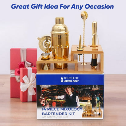Touch of Mixology 14 Piece Stainless Steel Bartender Kit Includes Cocktail Shaker (Gold)